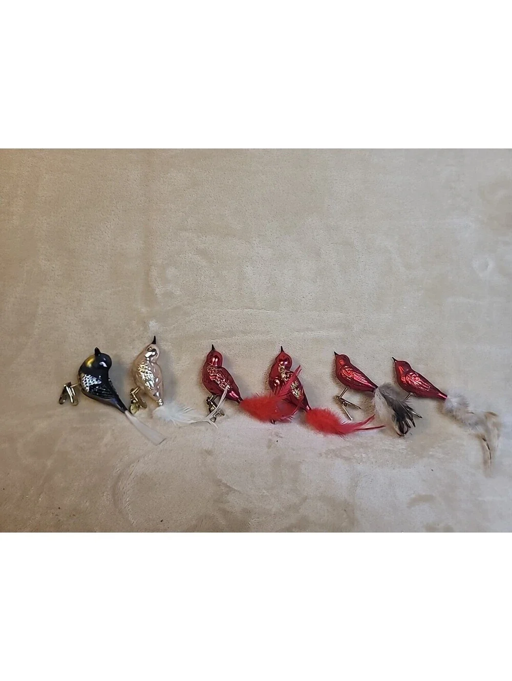 5 Vintage Mercury Glass Clip on Bird Christmas Ornaments Feathers & Spun Tails
